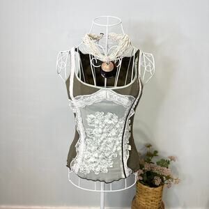 The perfect fairy vintage brown & sage green lace embroidered patchwork top